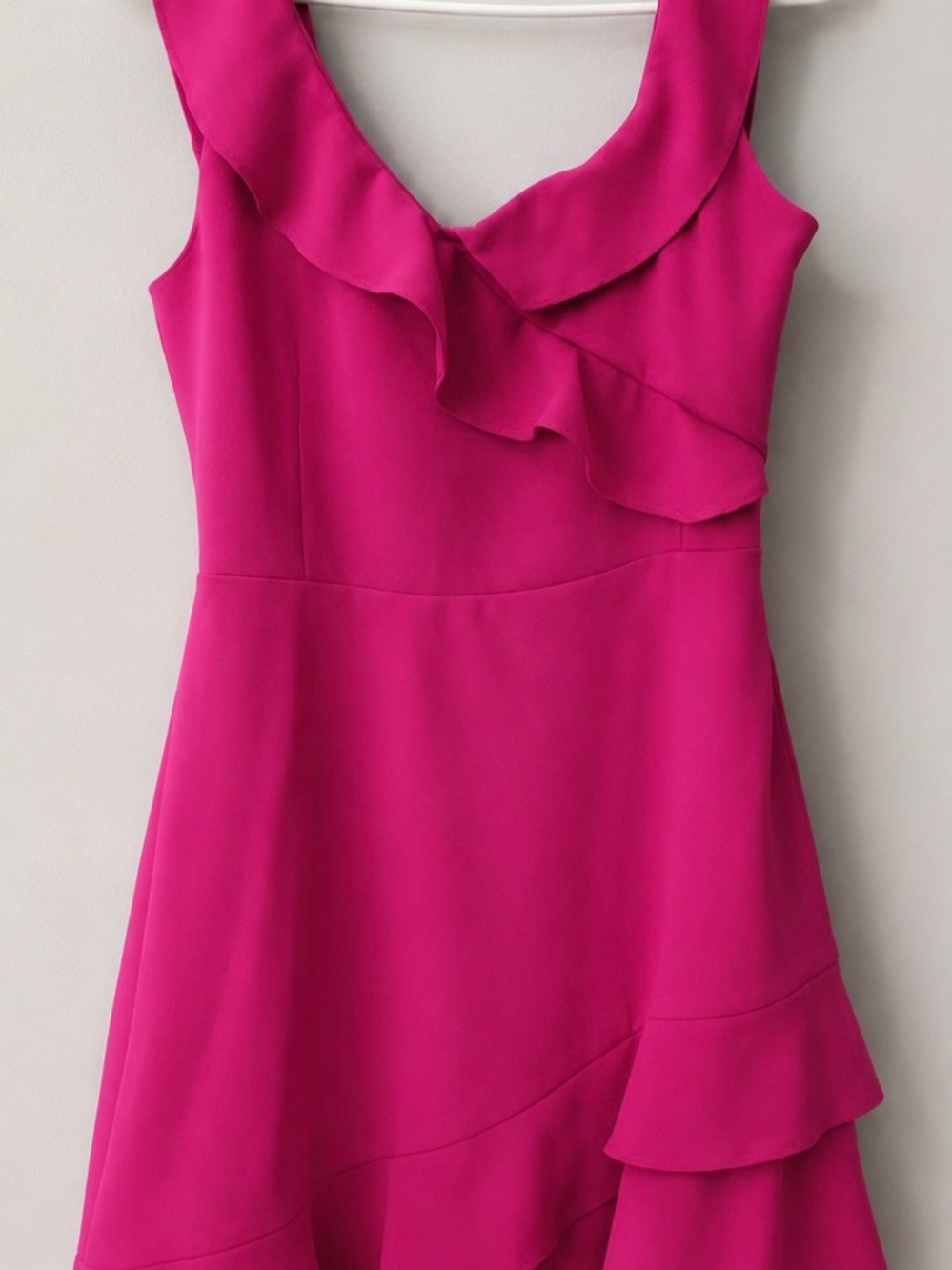 Brand New Express Fuchsia Ruffle V-Neck Asymmetrical Dress